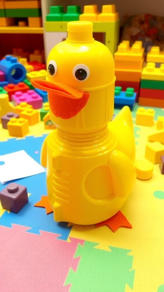 A DIY duck toy made from a plastic bottle with a yellow body, orange beak, and googly eyes on a colorful play mat.